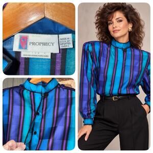 Vintage NOS Prophecy 80’s Power Blouse 11/12 Jewel Tone Striped Shoulder Pads